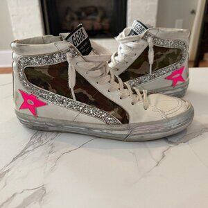 Size 8 Golden Goose "Slide" white leather with camouflage canvas.